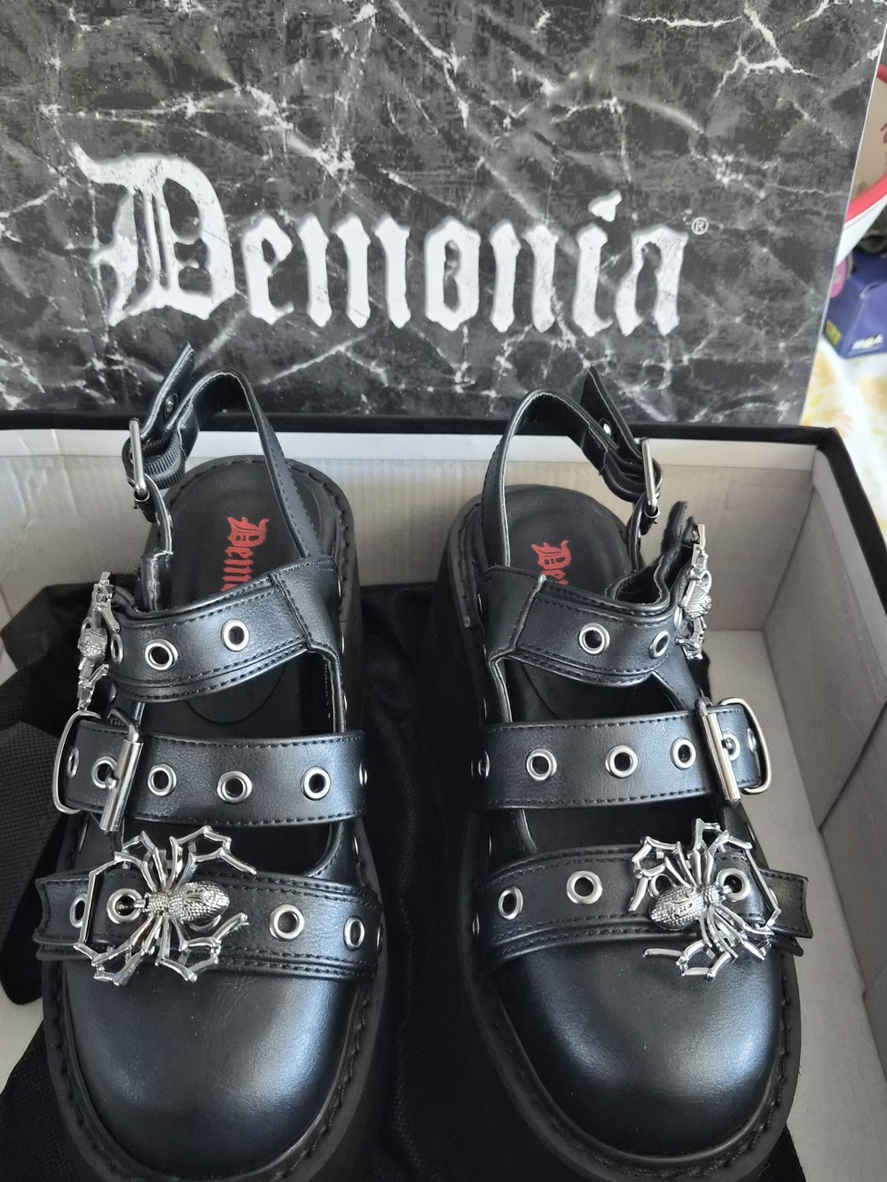 Demonia Black Gothic Spider Buckle Platform Sandals